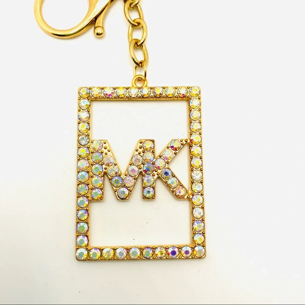 Purse Charm Key Chain MK in Iridescent Crystals set in golden tone. BRAND NEW
